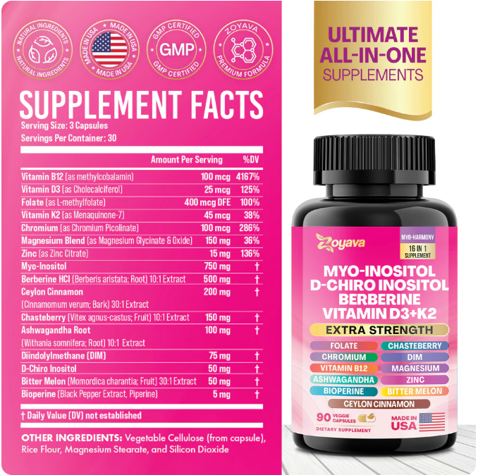 Mio-Inositol + D-Chiro Inositol + Berberina + Vitamina D3 + K2 – 90 Cápsulas