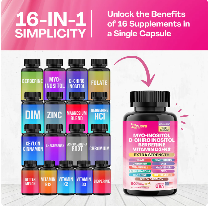 Mio-Inositol + D-Chiro Inositol + Berberina + Vitamina D3 + K2 – 90 Cápsulas