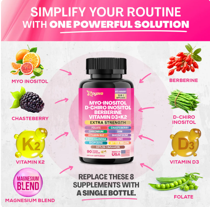 Mio-Inositol + D-Chiro Inositol + Berberina + Vitamina D3 + K2 – 90 Cápsulas